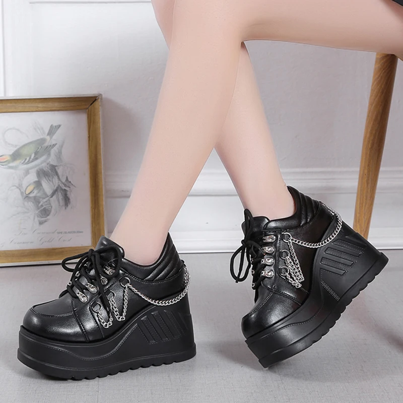 Metal Chain Punk Gothic Shoes Woman Thick Bottom High Wedge Sneakers for Women 2023 New Black Chunky Platform Y2K Uniform Shoes