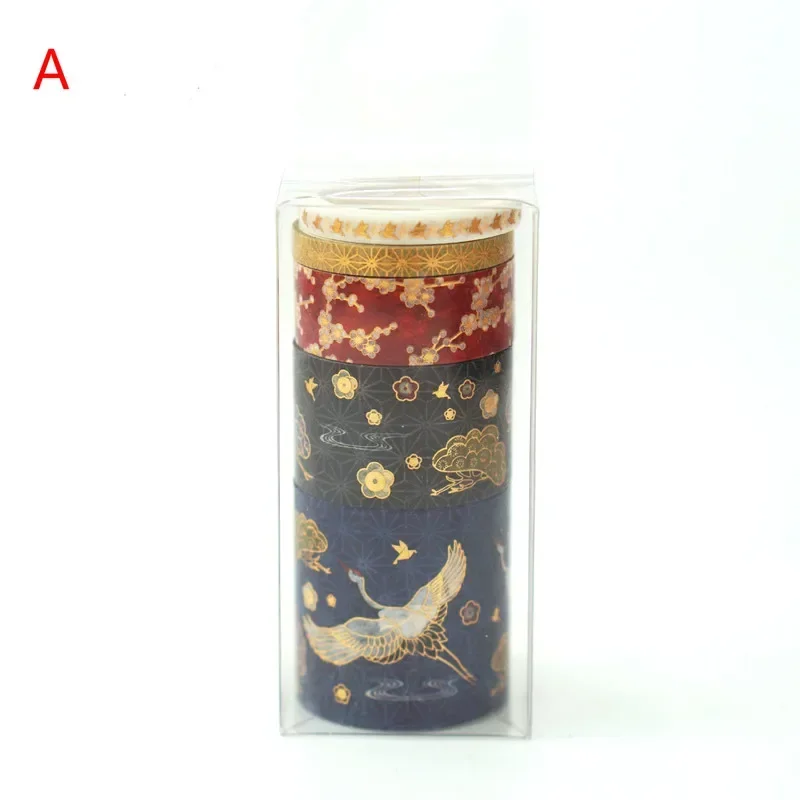5-roll Set DIY Decoration Chinese Style Masking Tape Bronzing Crane and Paper Antique Hand Account Tapes Lipstick Sticker