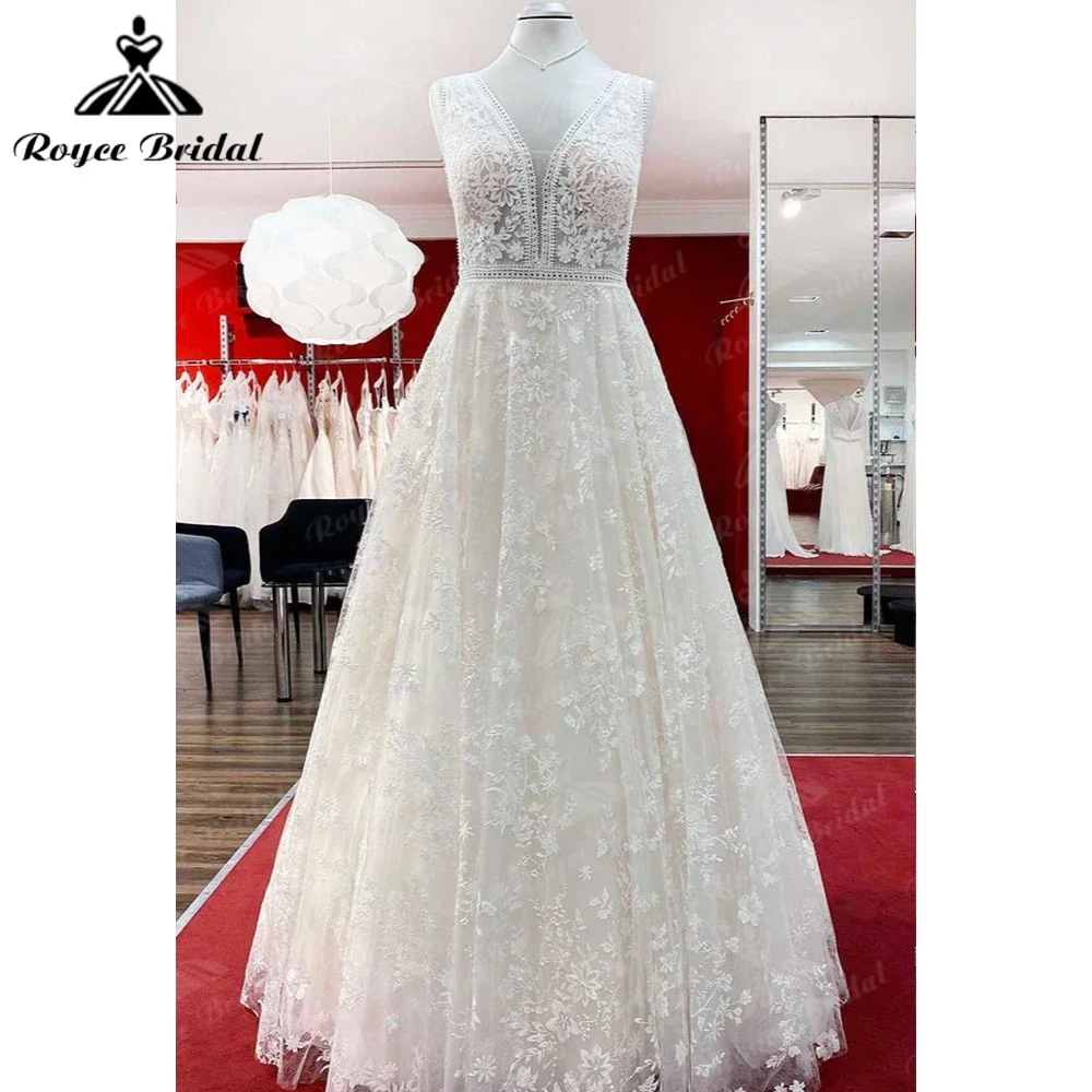 Lindo longo a linha de renda apliques vestido de casamento tule aberto volta sem costas sem mangas novidade vestido de casamento robe mariée