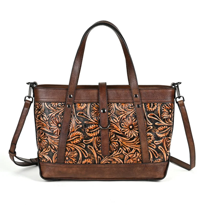 2024 New Large Capacity Handbags For Women Genuine Leather Handcarved Vintage Women's Bag Ladies Shoulder Bags Handmade