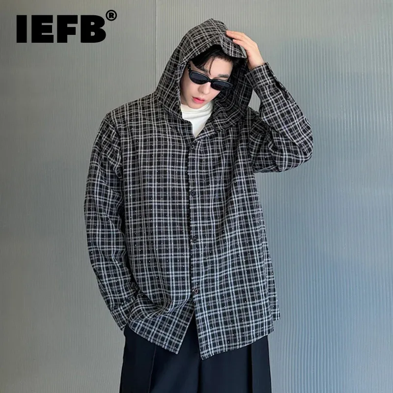 IEFB Fashion Plaid Male Hooded Shirt Hot Drilling Thin Jacket Turn-down Collar Korean Style Men\'s Top Casual Loose 9C7010