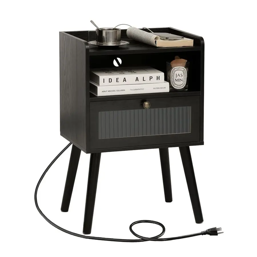 

Черная прикроватная тумбочка с зарядной станцией, современный прикроватный столик со стеклянным декоративным ящиком, маленький приставной столик с 2 ящиками.