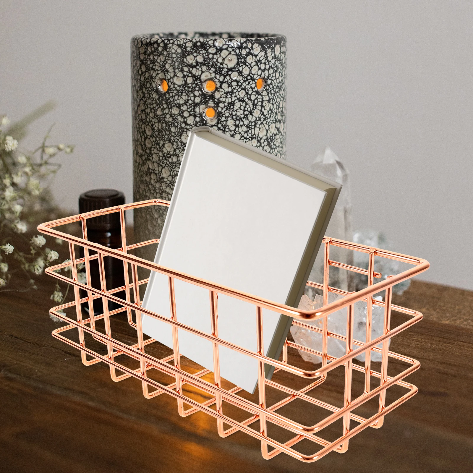 

Iron Storage Basket Organizer Makeup Accessories Desktop Multi-Use Basket for Toiletries Beauty Items Rose Gold