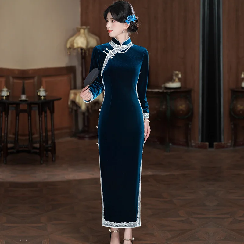 

Yourqipao 2025 Autumn and Winter Chinese Style Blue Velvet Long Sleeve Retro Cheongsam Women's Improved Qipao Dress