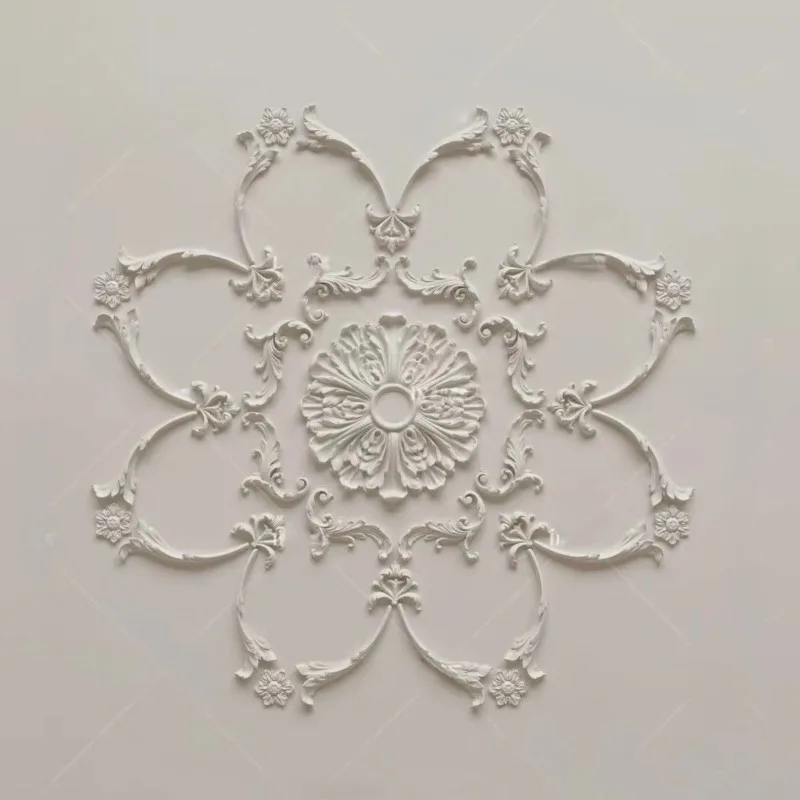 Gypsum Ceiling Medallion – European Round Combination Carved Flower Decor & French Ceiling Light Base
