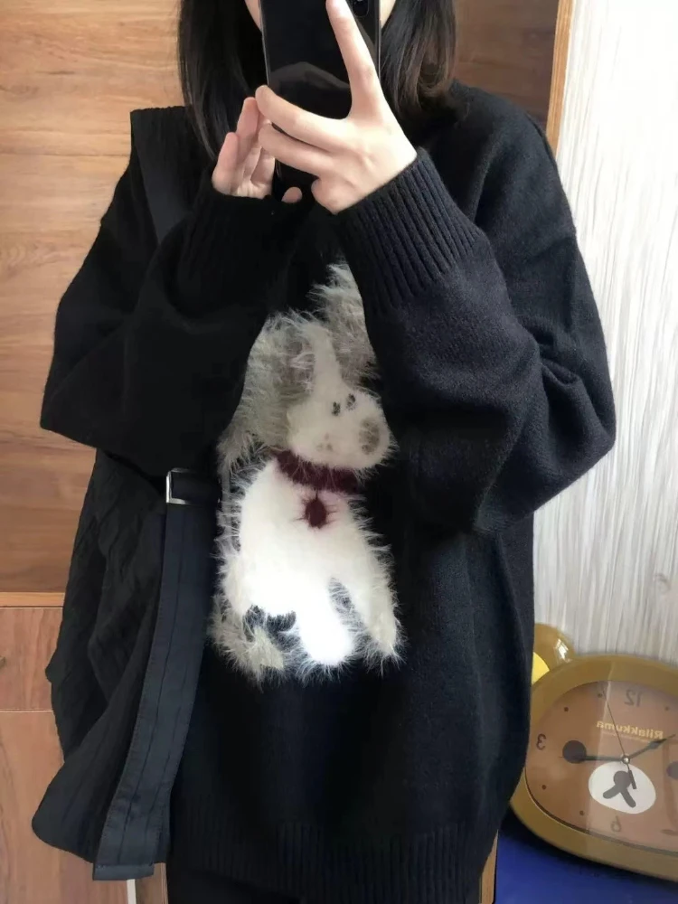 2025 nueva moda coreana, suéteres de Jacquard con dibujos de perros, Jersey holgado informal de otoño e invierno para mujer, suéter de punto, Tops de gran tamaño