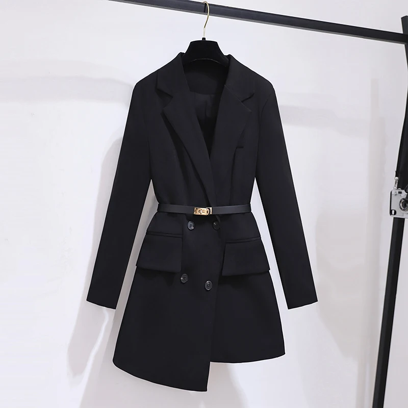 

Spring Women Korean Black Slim Irregular Suit Jacket With Belt Double-breasted Notched Collar Long Sleeve Female Blazers Coat