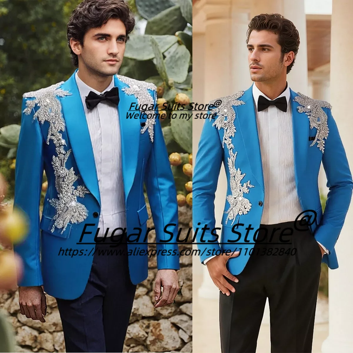 

Fashion Royal Blue Satin Crystal Luxuly Men Suits Customized Slim Fit Handsome One Button Groom Wedding Blazers 2 Pieces Sets