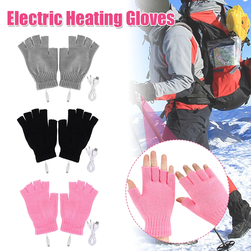 

Women Men Electric Heating Gloves Winter Warm Knitted Mittensm Fingerless 5V Rechargable for Sports Skiing for Running Cycling