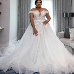 Luxury Wedding Dresses for Bride 2025 Sheer Neck Lace up Back Sequins Pearls Plus Size Women African Bridal Gowns Customized