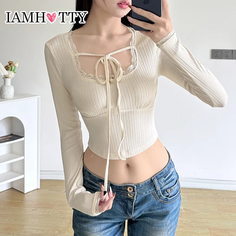 IAMHOTTY Korean Style Lace-up Square Collar Cropped Top Women's Autumn Spring Long Sleeve Knitted T-shirts Cute Basic Tee Y2K