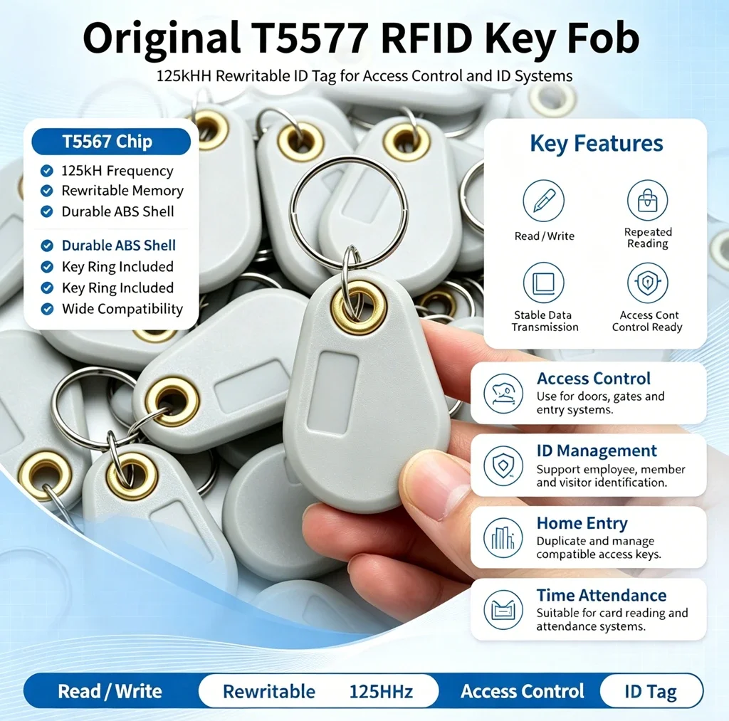 EM4305 T5577 125khz Copy Rewritable Writable Rewrite keyfobs RFID Tag Key Ring Card Proximity Token Badge Duplicate