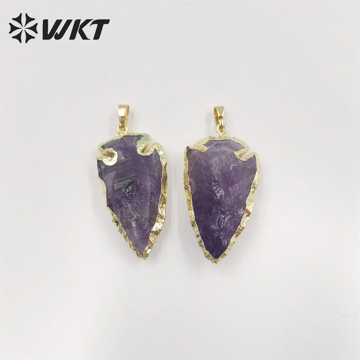 WT-P1851 New Material Fashion Gold Plated Trim Natural Raw Amethyst Arrowhead Pendant For Necklace Design Decorated