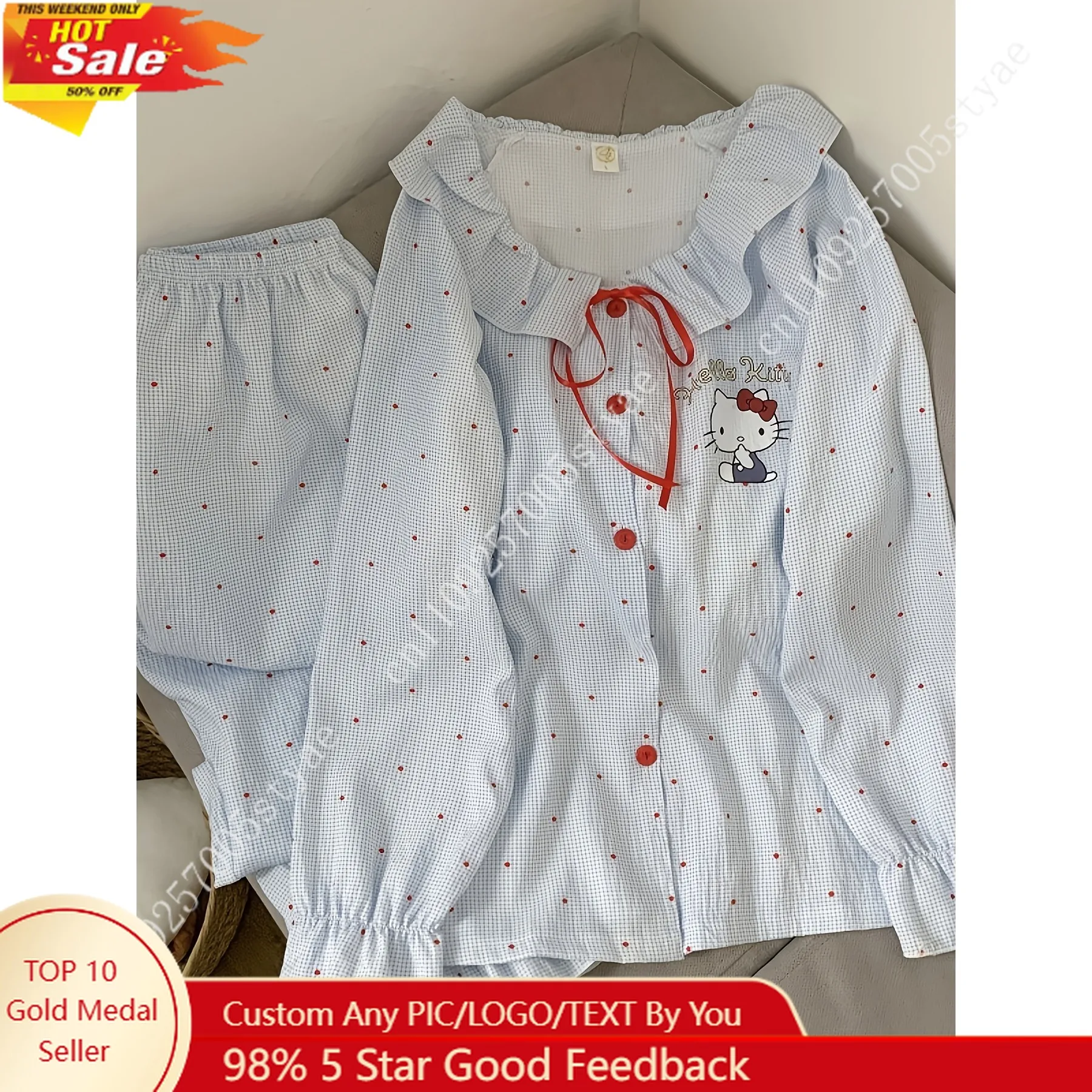 

Hello Kitty Women's Sleepwear Summer Hot Items Long Sleeved Pants Can Be Worn Outside Cute Cartoon Sweet Women's Home Suit Set