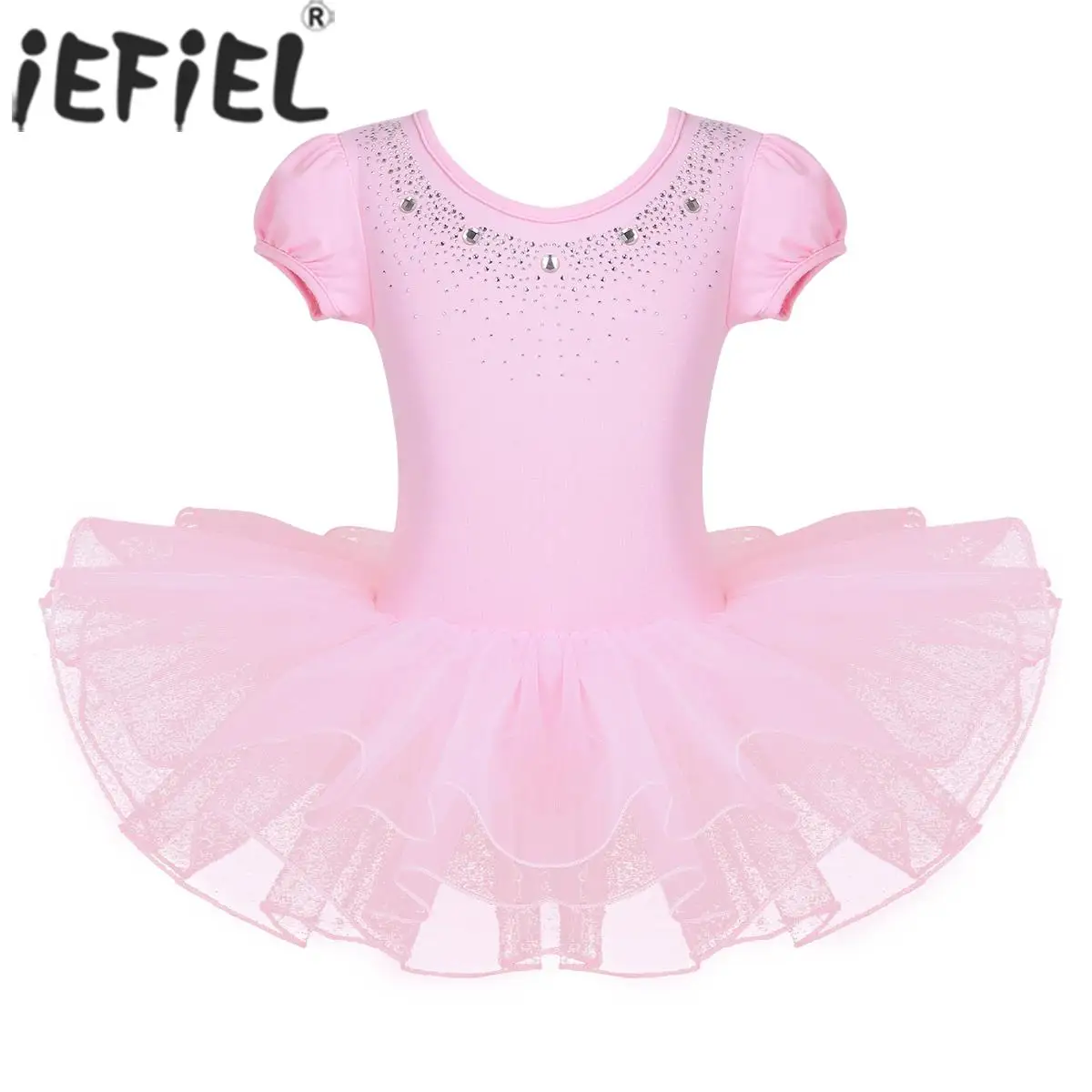 Kids Girls Ballet Dance Tutu Dress Rhinestones Gymnastics Leotard Short Bubble Sleeves Ballerina Competition Performance Costume