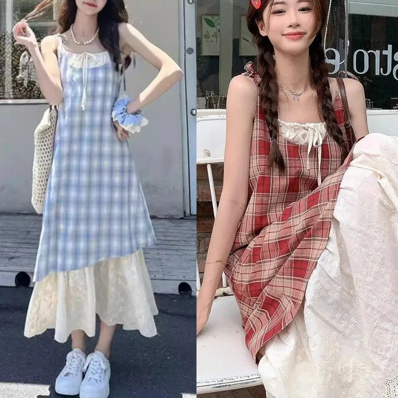 

Lace Plaid Camisole Dress 2024 Summer Sleeveless Blue Wine Red Women Fake 2 Piece High Waisted A-line Spliced Long Dress New