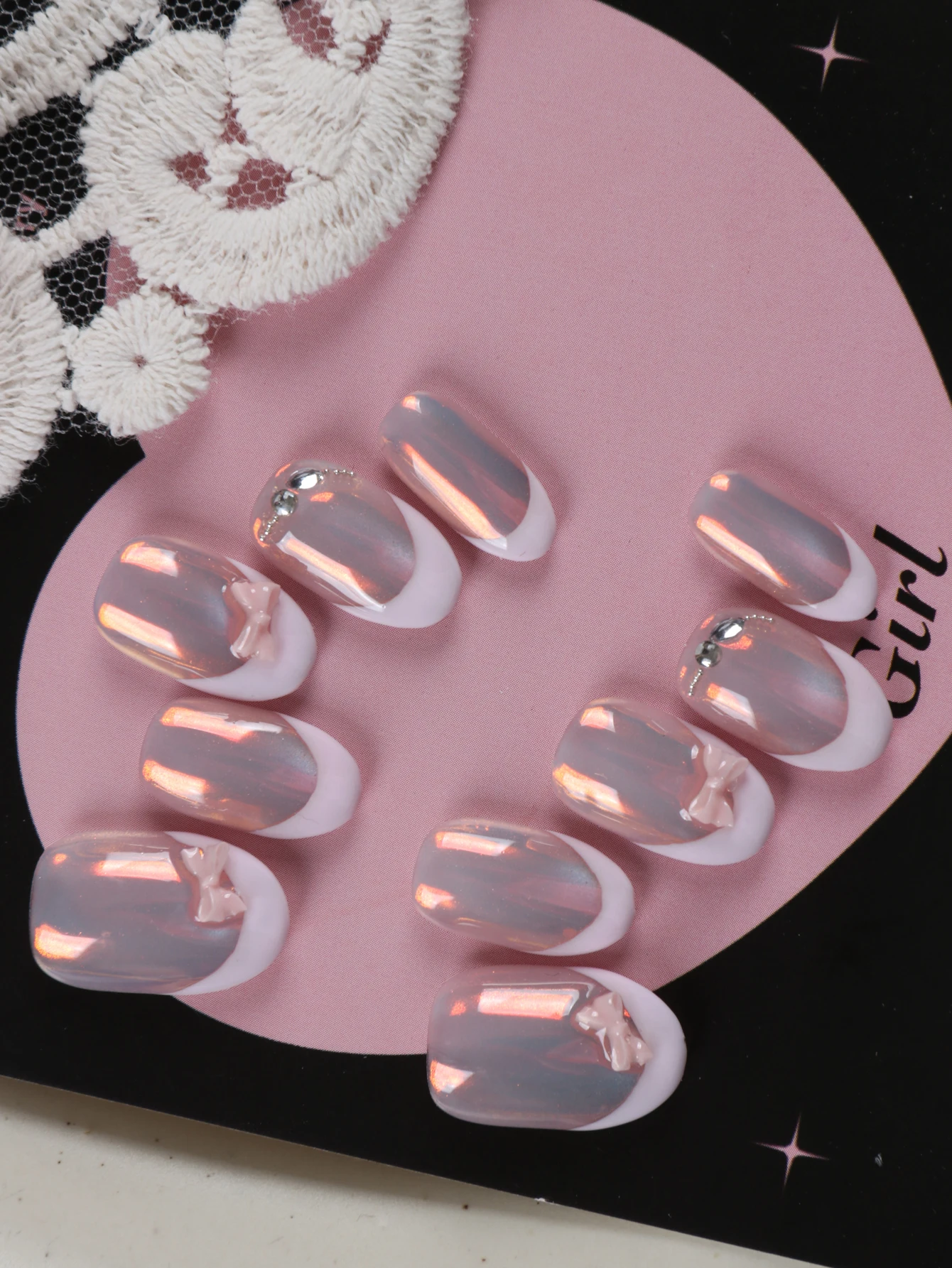 10Pcs Press on Nails  short Pink French mirror surface Bow nail art Fake Nails Includes 1 Sheet Adhesive Tabs & 1 Pc Mini File
