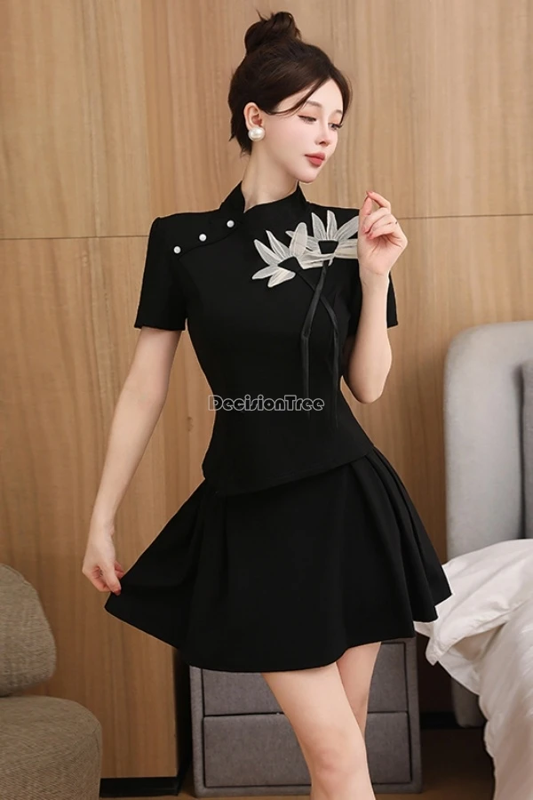 2025 chinese improved qipao beautician massage technician work clothes uniform retro cheongsam sexy short-sleeved pleated skirt