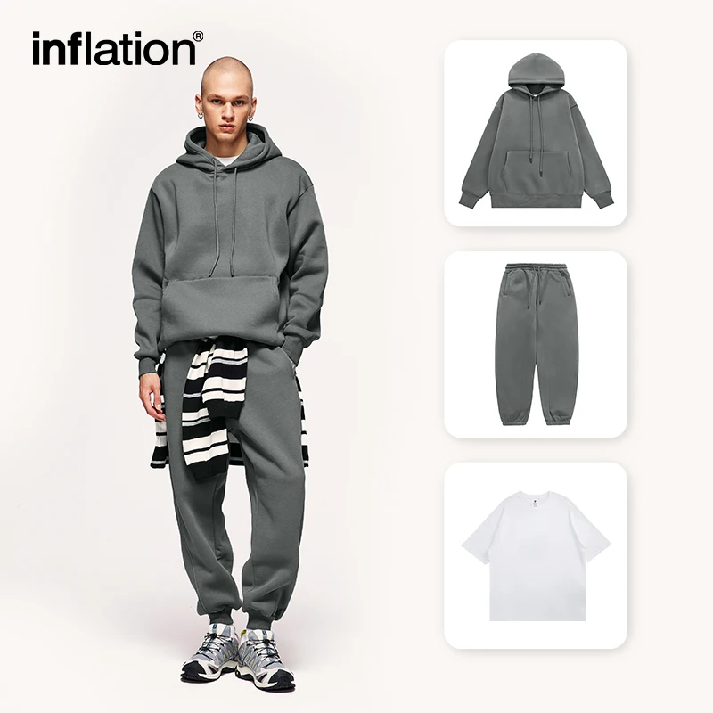 INFLATION Unisex Thick Fleece Hoodies and Sweatpant Set Mens Tracksuit Sportswear