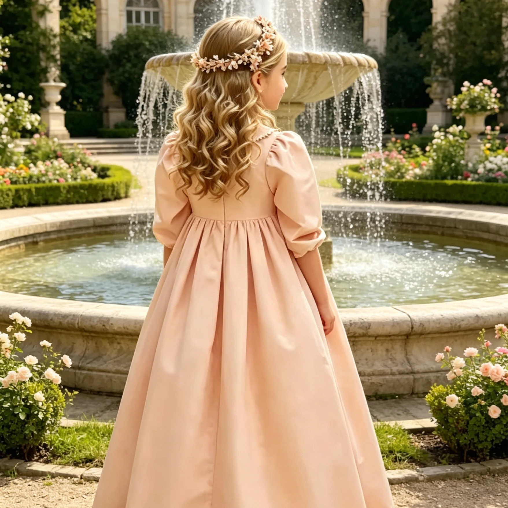 

Customized Flower Girl Dress For Wedding Satin High Waist Half Sleeve Floor Length Elegant Kids Birthday First Communion Gown