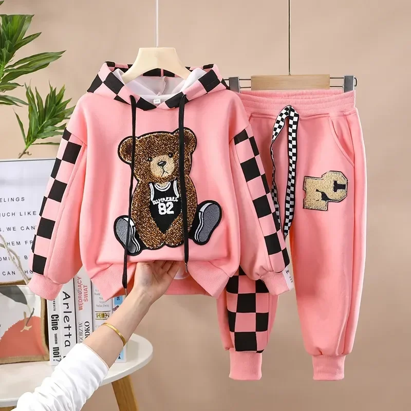 

Spring Autumn Children Clothing Suit Girls Embroidery Cartoon Bear Hooded Sweatshirt Tops Pants Bottom 2pcs/Sets Teen Tracksuits