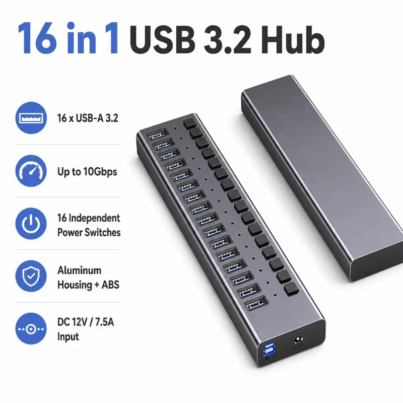 

16-Port Powered USB 3.2 Gen2 Hub, 10Gbps, 16x USB-A, Individual Switches, Aluminum Multiport Hub