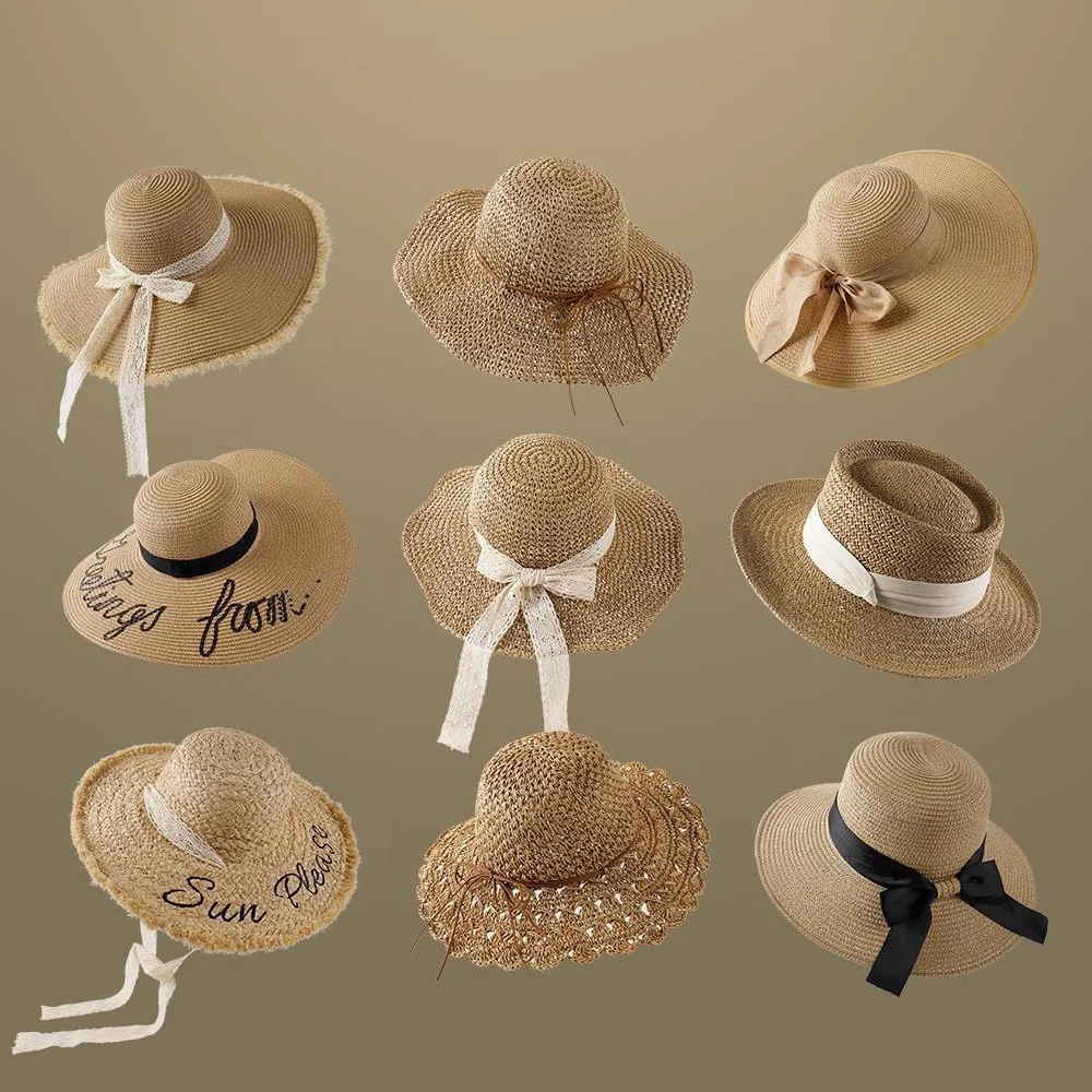 New Casual Summer Outdoor Women Wide Brim Hat Hand Woven Straw Hat Beach Bucket Sun Hat Foldable Crochet Straw Hat for Women