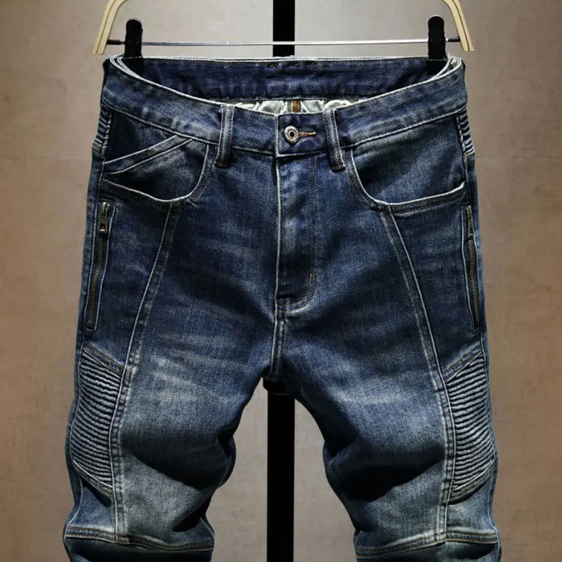 Y2K Italian Fashion Men's Jeans Embroidered, Washed, Nostalgic, Stretch, Slim Fit, Retro Blue Jeans Designer Splicing Pants Homb