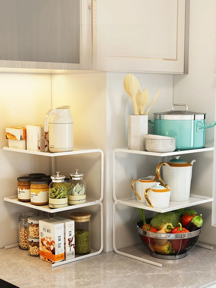 

Multi-Layer Kitchen Countertop Pot Holder Sink Corner Cabinet Storage Rack Three-legged Countertop Organizer Shelf Kitchen Tools