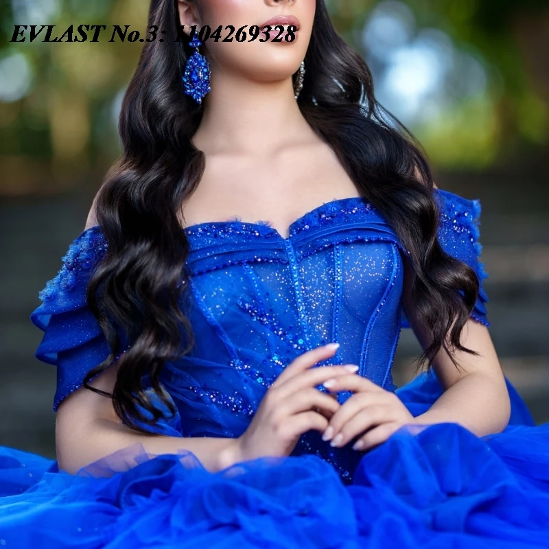 EVLAST Maßgeschneidertes, glänzendes, königsblaues Quinceanera-Kleid, Ballkleid, Applikation, Perlenstickerei, abgestuft, Sweet 16, Vestidos 15 De Anos E3Q859