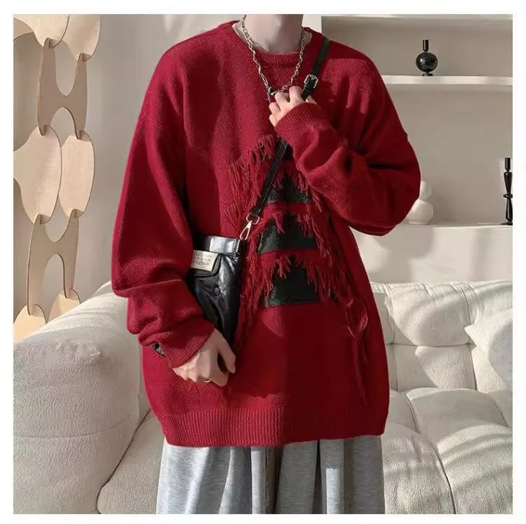 Autumn Winter New Hot Sale Men's Wine Red Christmas Tree High-end Tassel Loose Casual Black Pullover Knitted Sweater
