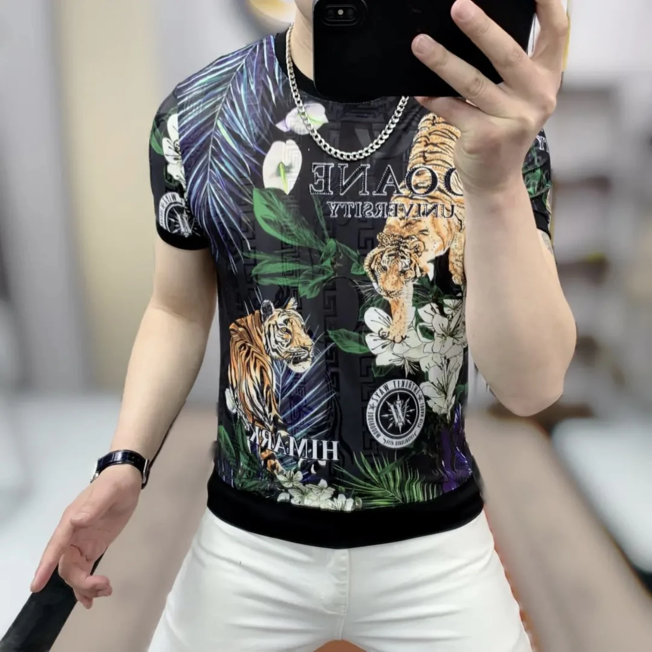 

Faionable Slim Fit round Ne Ice Silk T-irt ort Sve Embroidered Rhinestone Men's Summer Top Breathable Polyester Fiber