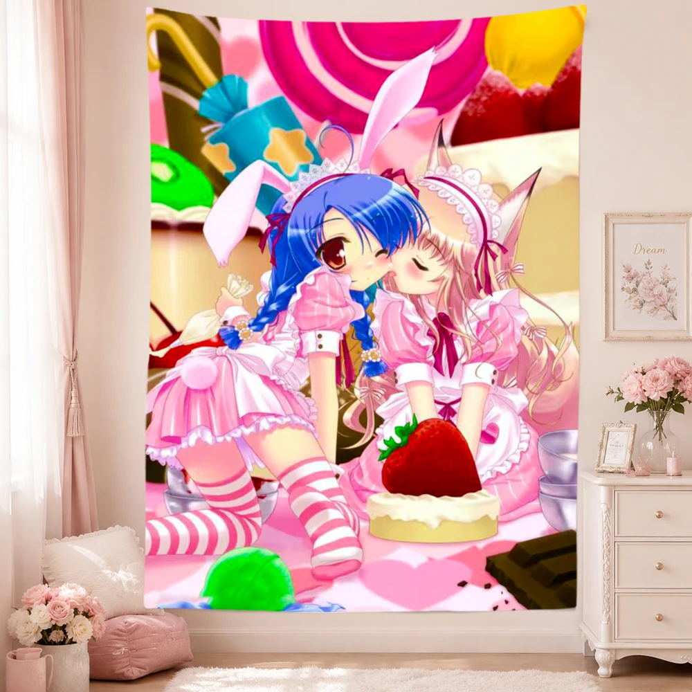 Anime Girls Tapestry Wall Hanging Pink Maid Bunny Fox Ears Strawberry Cake Candy Sweet Pastel Bedroom Dorm Home Decor Fans Gifts