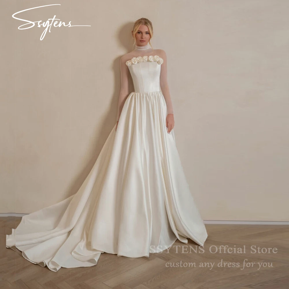 

SSYTENS Luxury Satin Wedding Dresses Long Sleeves Wedding Gown with Flowers Charming 2 in 1 Strapless Bridal Dresses Customized