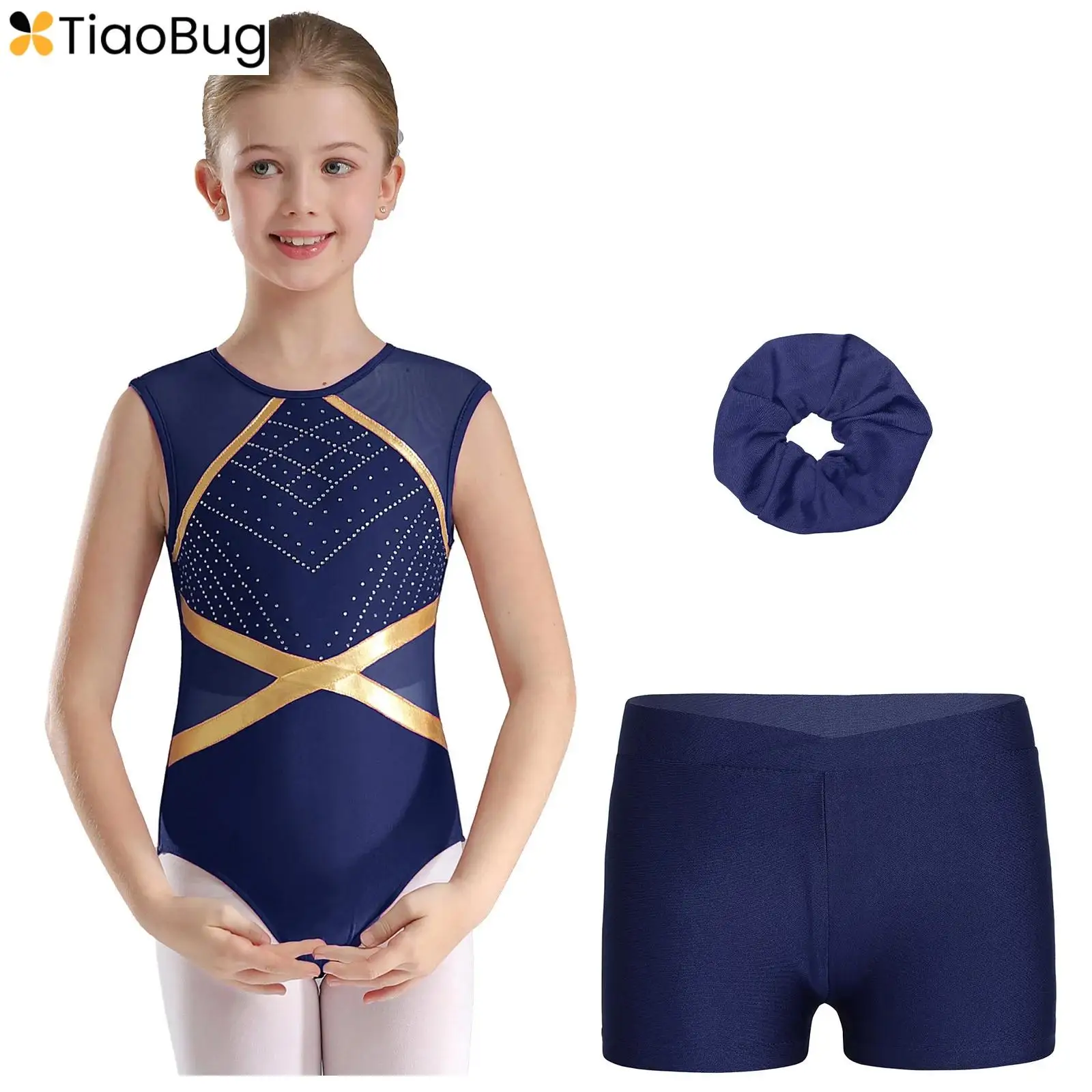 

Kids Girls Gymnastics Dance Outfit Sleeveless Keyhole Back Slim fit Leotard with Shorts and Hair Tie Headwear Ballet Bodysuit