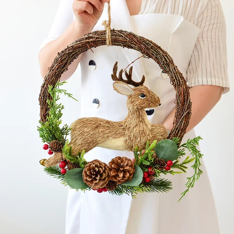 AYOYO Handmade Eco-Friendly Modern Christmas Reindeer Vine Circle Flower Wreath Wall Mount Decoration Arrangement