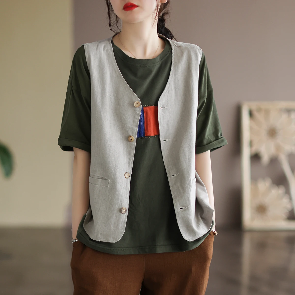 

Женский жилет из хлопка и льна в стиле ретро, однотонный модный летний спецодежда, художественная одежда на одной пуговице, V-Ne, обычная длина