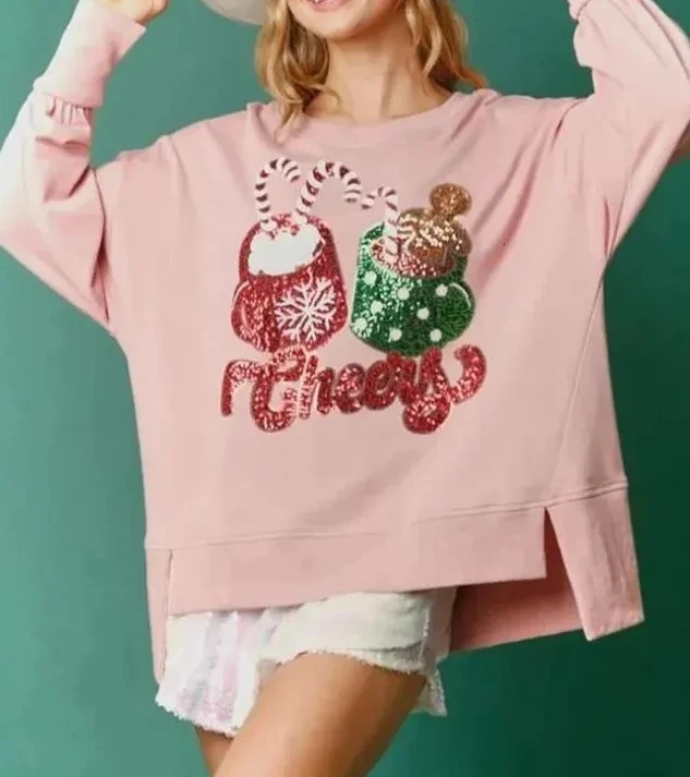 

Pullover 2024 Women's Fashion Christmas Candy Cup Glitter Hot Selling Sports and Leisure Loose Long Sleeve Explosive