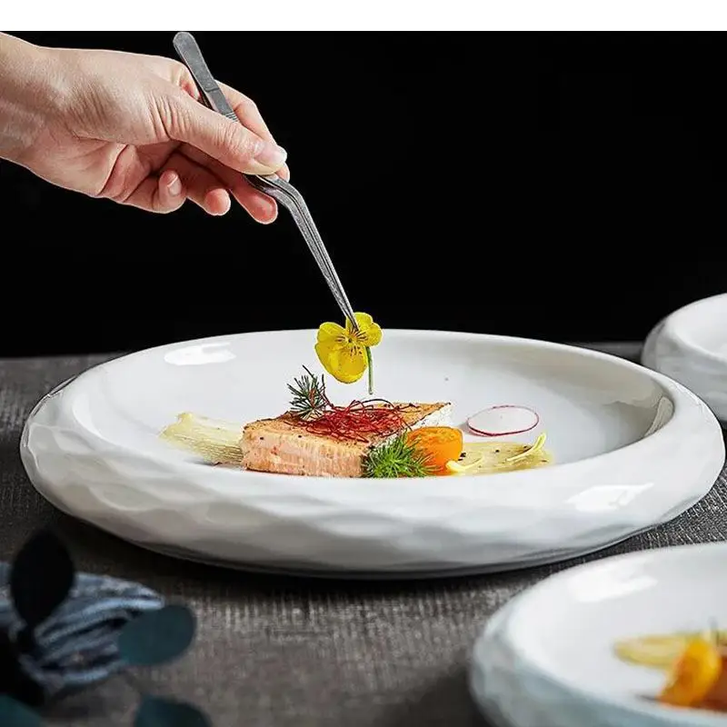 Plato redondo de cerámica europea para carne, juego de cubiertos blancos, exhibición de postre y pasteles, platos para Pasta y Sushi, utensilios de cocina de porcelana