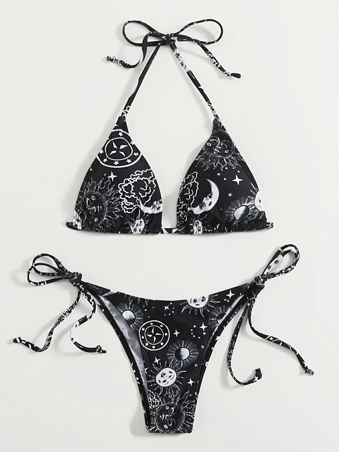 Conjunto de bikini triangular negro con estampado gótico sexy, traje de baño separado con Tanga de cintura alta, conjunto de bikini tankini, ropa de playa