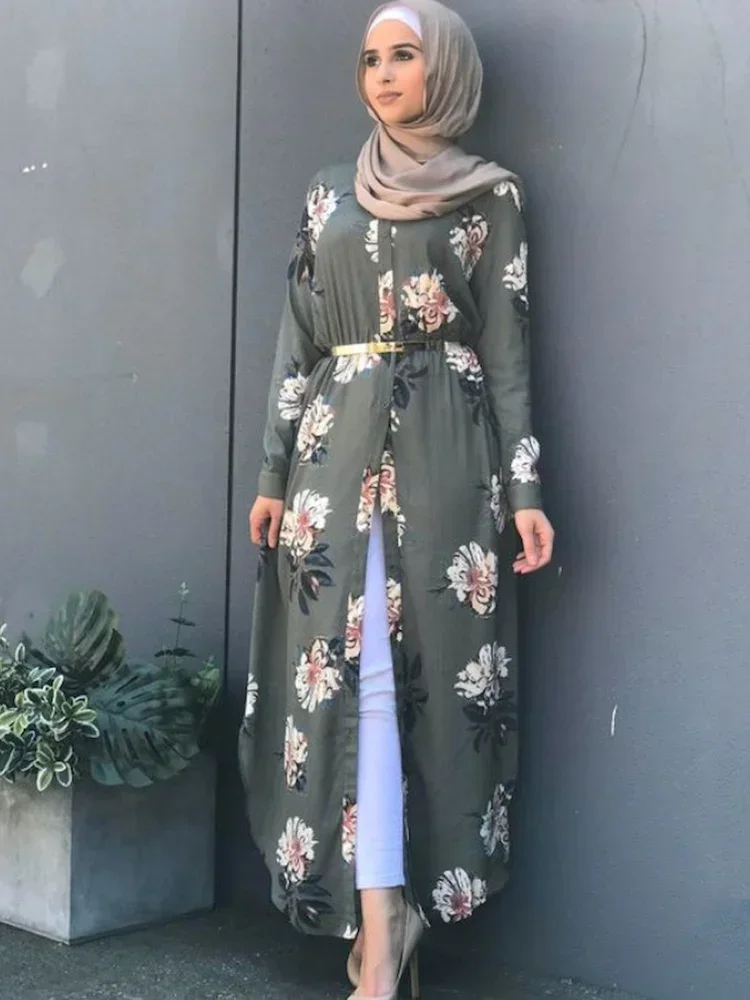 Dubai eid muçulmano abaya vestido feminino novos roupões impressão floral magro manga longa islâmico eid casual vestido longo vestidos longos ramadan