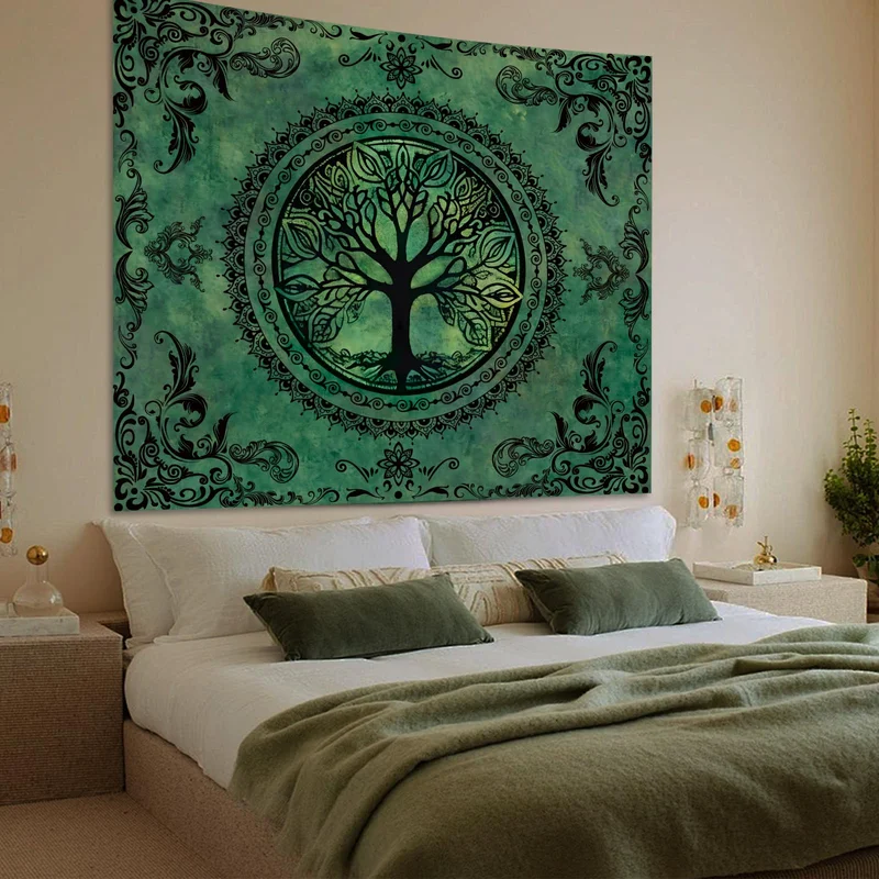 VIKAMA Green Tree of Life Mandala Tapestry Vintage Boho Floral Ornament Wall Hanging Bedroom Living Room Wall Art Decor