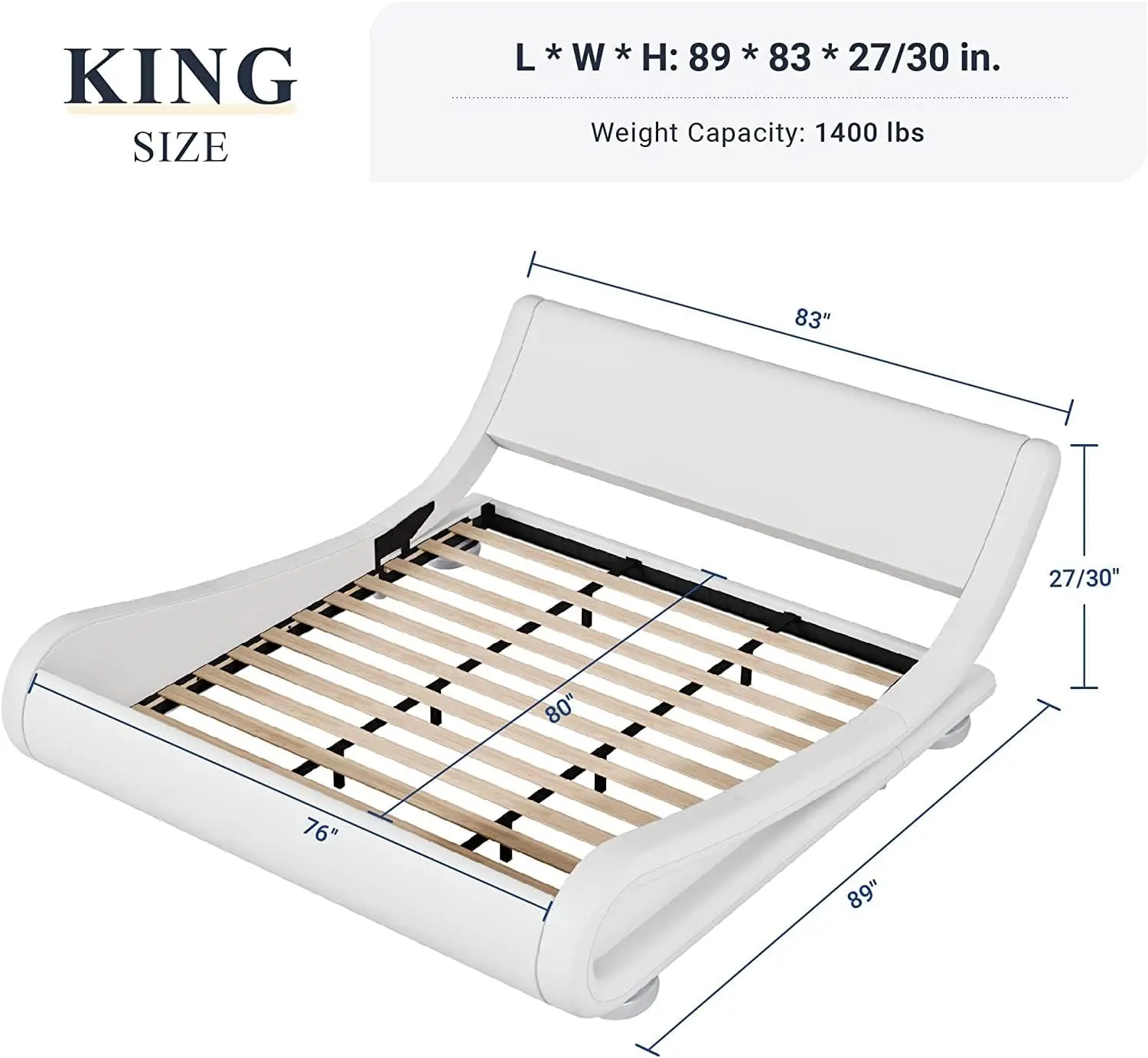 Allewie King Size Bed Frame with Ergonomic & Adjustable Headboard, Low Profile Modern Upholstered Platform Sleigh Easy White