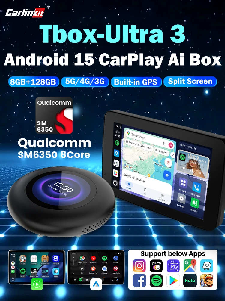 CarlinKit 5G LTE Android 15 TV Box Tbox-Ultra3 WiFi6 SM6350 8-Core Draadloze Android Auto CarPlay LCD Scherm voor Netflix IPTV BMW - afbeelding 2