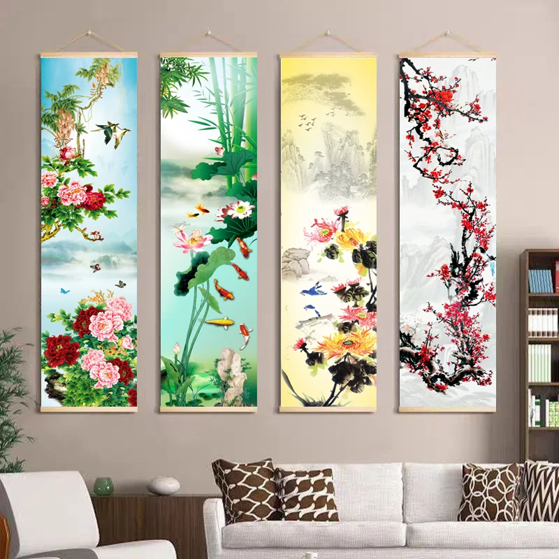 Retro Chinese Canvs Painting, Lotus Peony Canvas Wall Arts, Print Posters Home Decor Living Room Scroll Painting Hanging Picture