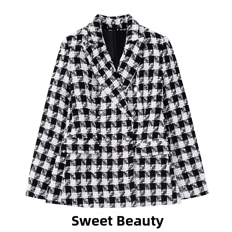 

Autumn Winter Plaid Slim Fit Long Sleeve Double Breasted Stand Collar Suit Jacket Women's Street Style Single Piece