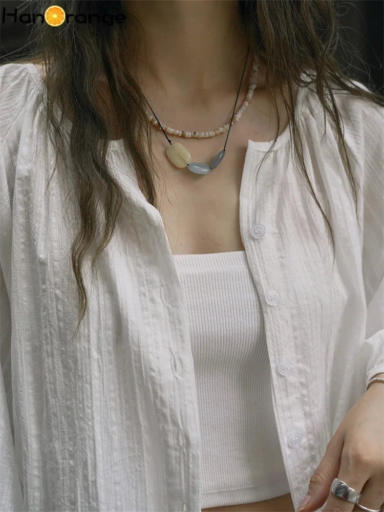 HanOrange 2025 Summer Reduced Age O-Neck Vertical Pattern Shirt Women Comfortable Breathable Loose Silhouette Top White