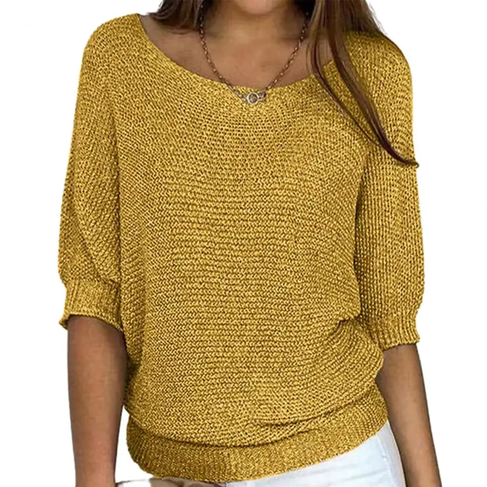 Knitting Sweater Women Autumn Winter Solid Color O-Neck 3/4 Sleeve Loose Fit Pullover Tops Knitwear