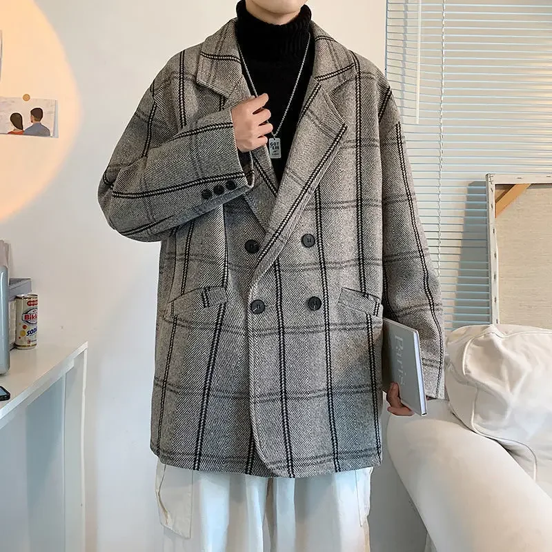 

Men's Autumn Winter Thick Mid-length Checkered Grid Woolen Coat Male British Jacket Oversize Retro Double-breasted Trench Coats