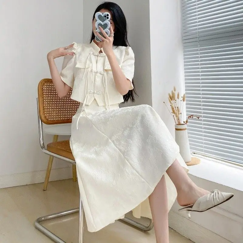 2024 New Chinese Short Sleeved Top Half Skirt Large Qipao New Women\'s Summer New Style Slimming Two Piece Set for Woman